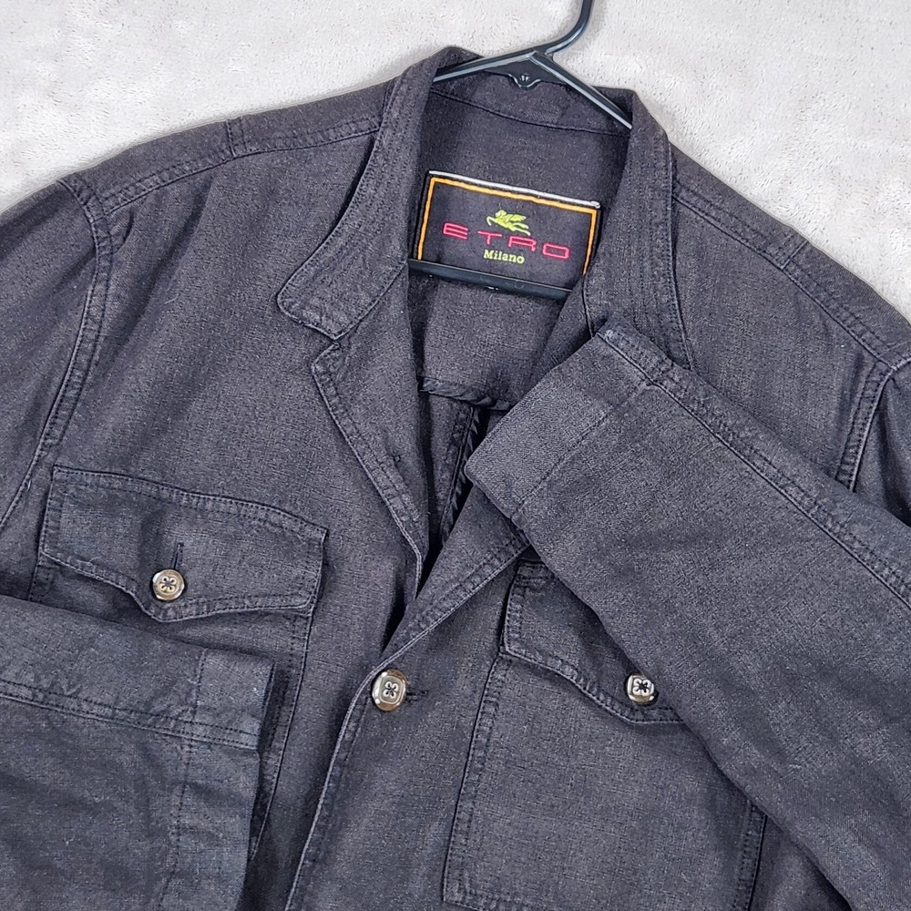 Etro Jacket Mens 2XL Black Linen Military Safari Field Casual Made In Italy